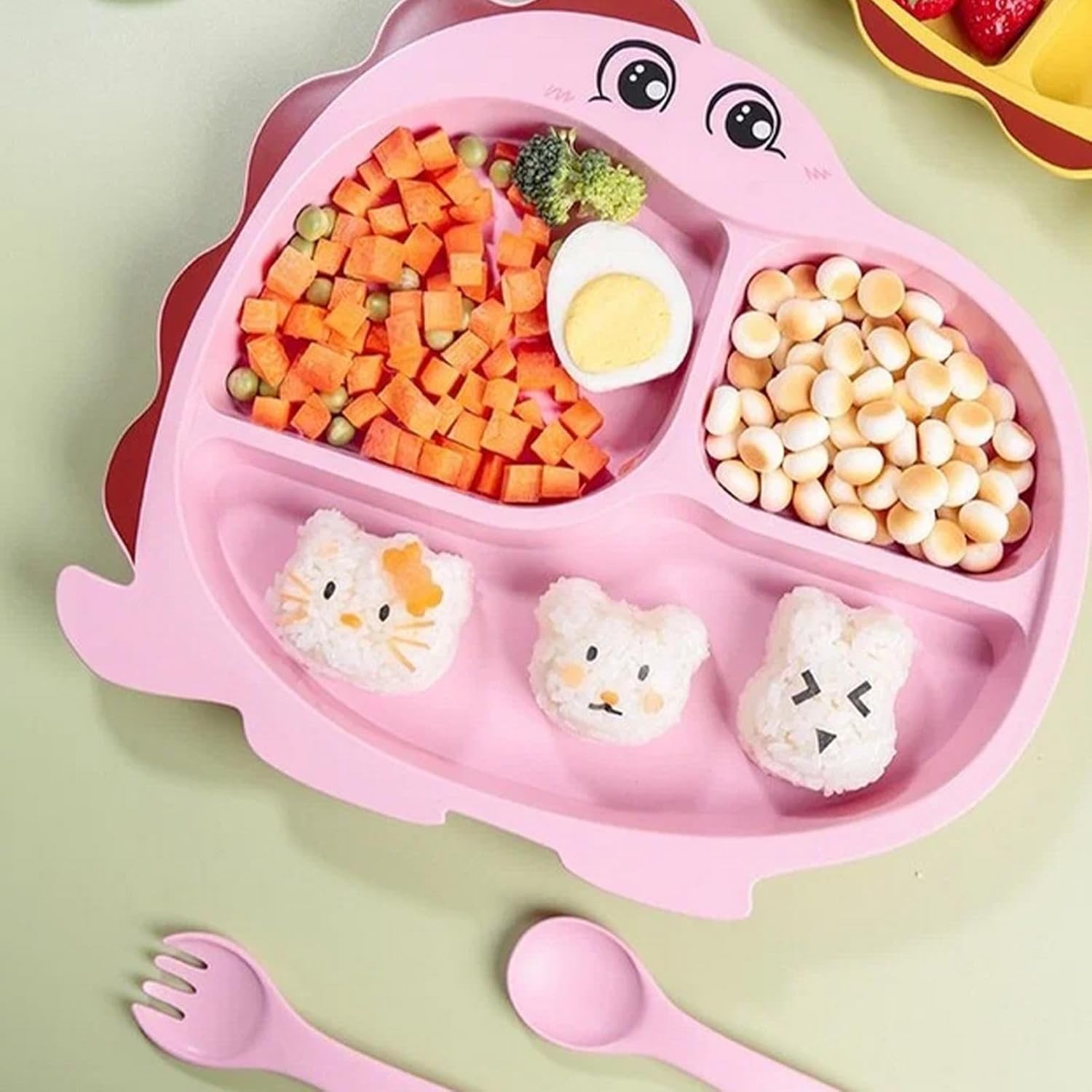 Cartoon Divided Plate Set for Kids – With Spoon, Fork & Chopsticks Dragon Pink
