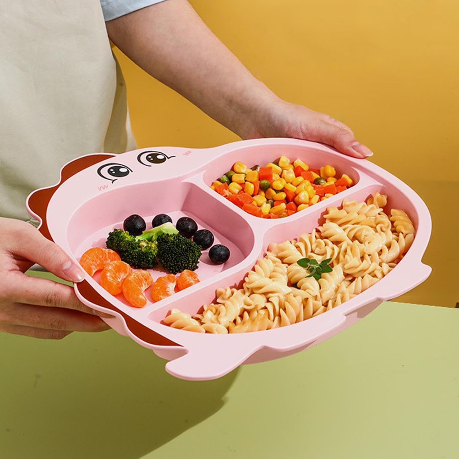 Cartoon Divided Plate Set for Kids – With Spoon, Fork & Chopsticks Dragon Pink