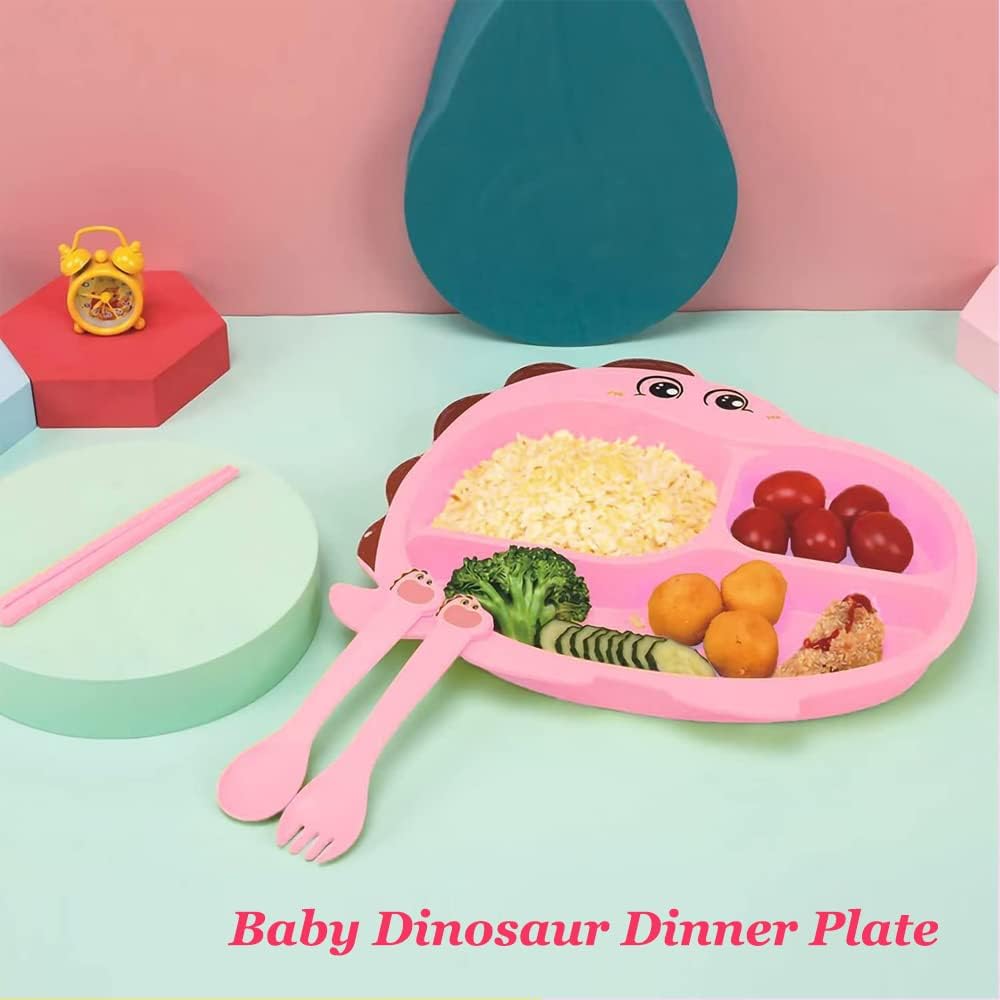 Cartoon Divided Plate Set for Kids – With Spoon, Fork & Chopsticks Dragon Pink