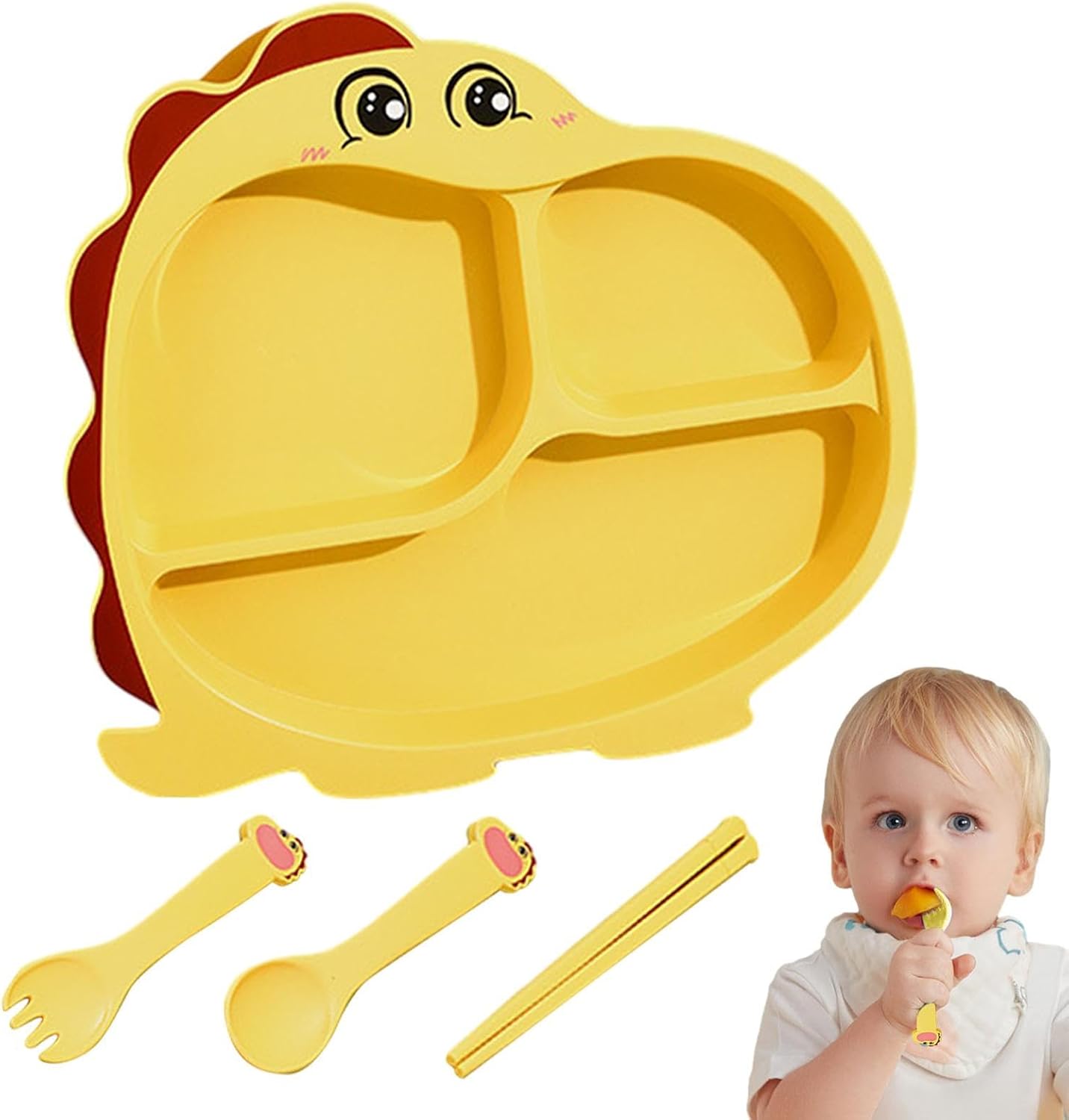 Cartoon Divided Plate Set for Kids – With Spoon, Fork & Chopsticks