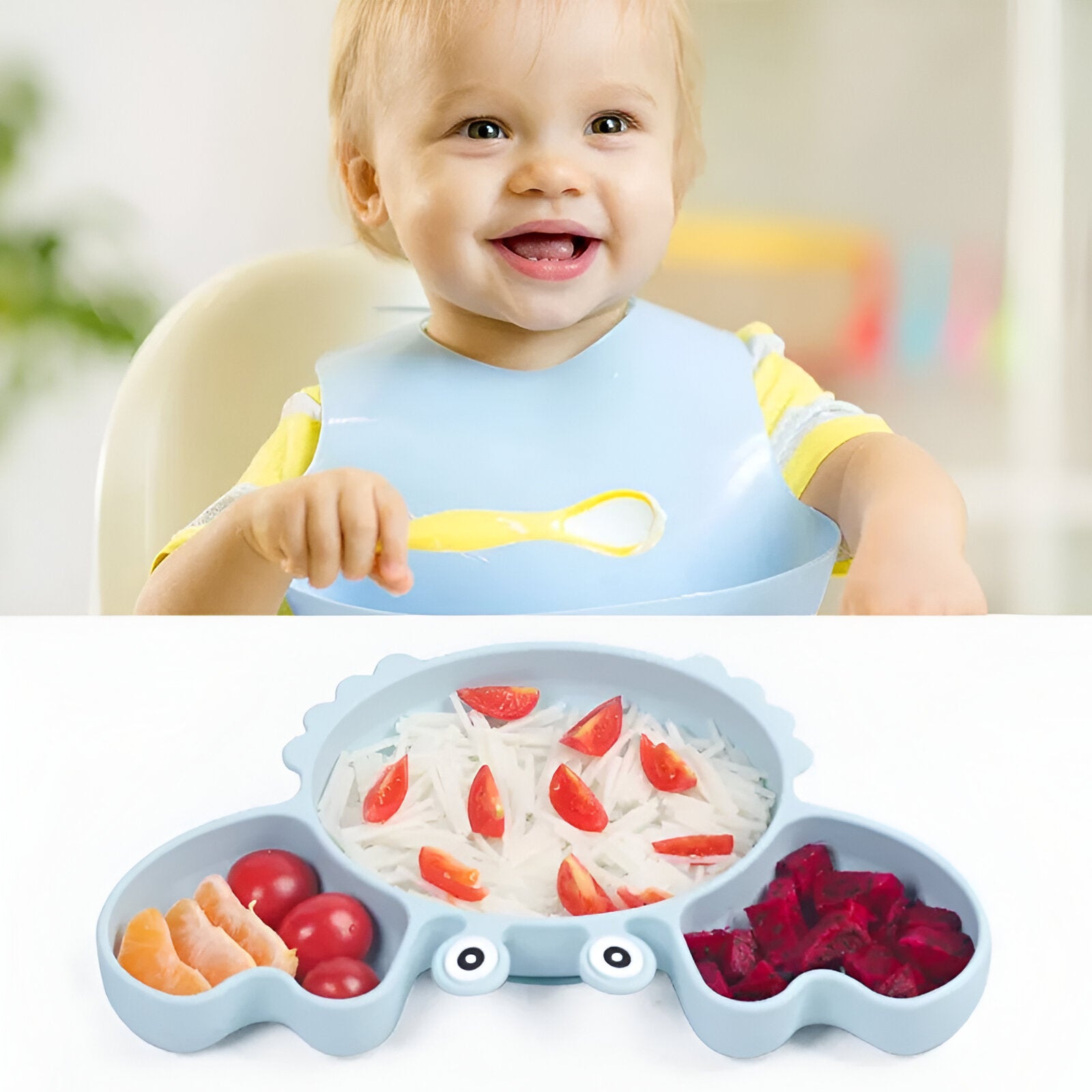 Crab Cartoon Silicone Suction Plate Set for Babies & Toddlers (Sky Blue)