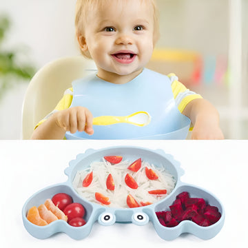Crab Cartoon Silicone Suction Plate Set for Babies & Toddlers (Sky Blue)