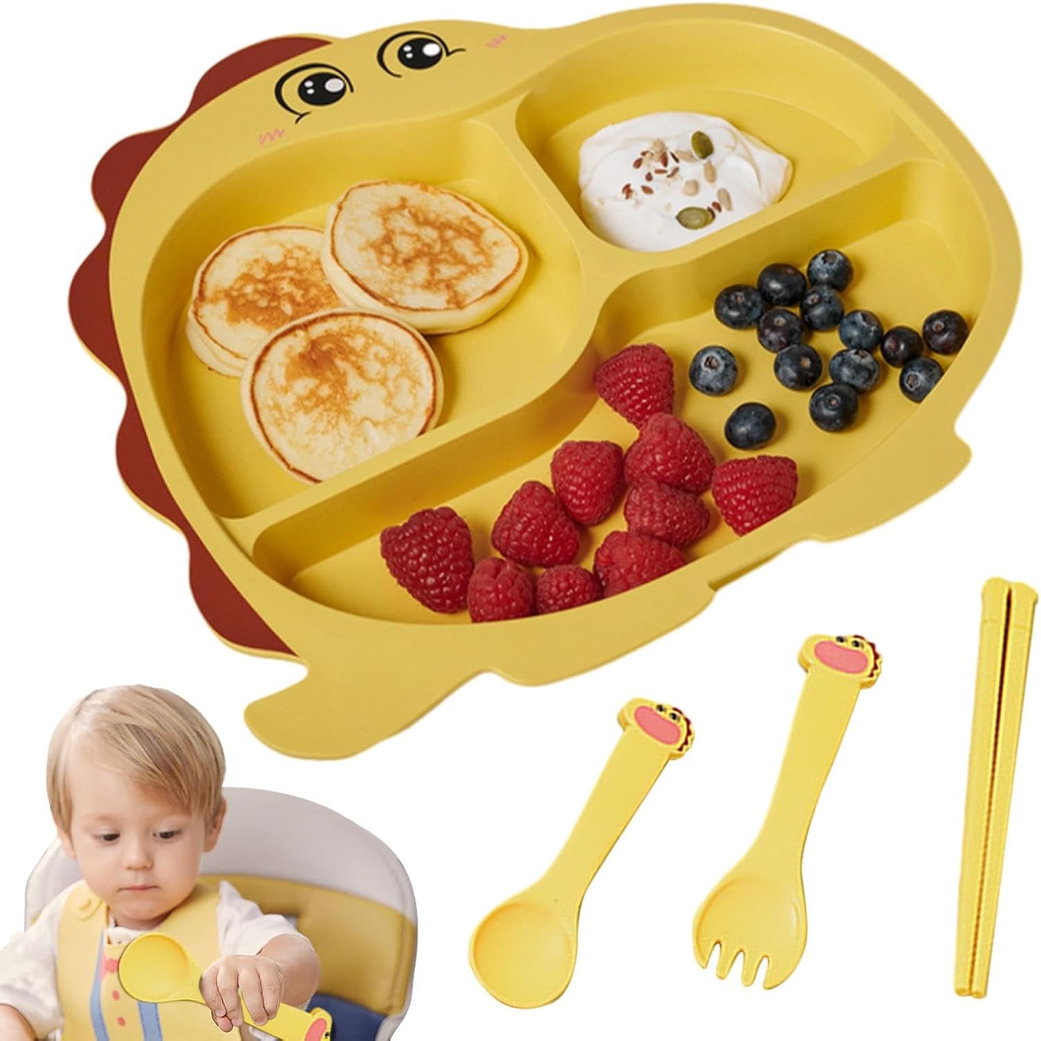 Cartoon Divided Plate Set for Kids – With Spoon, Fork & Chopsticks Dragon Yellow