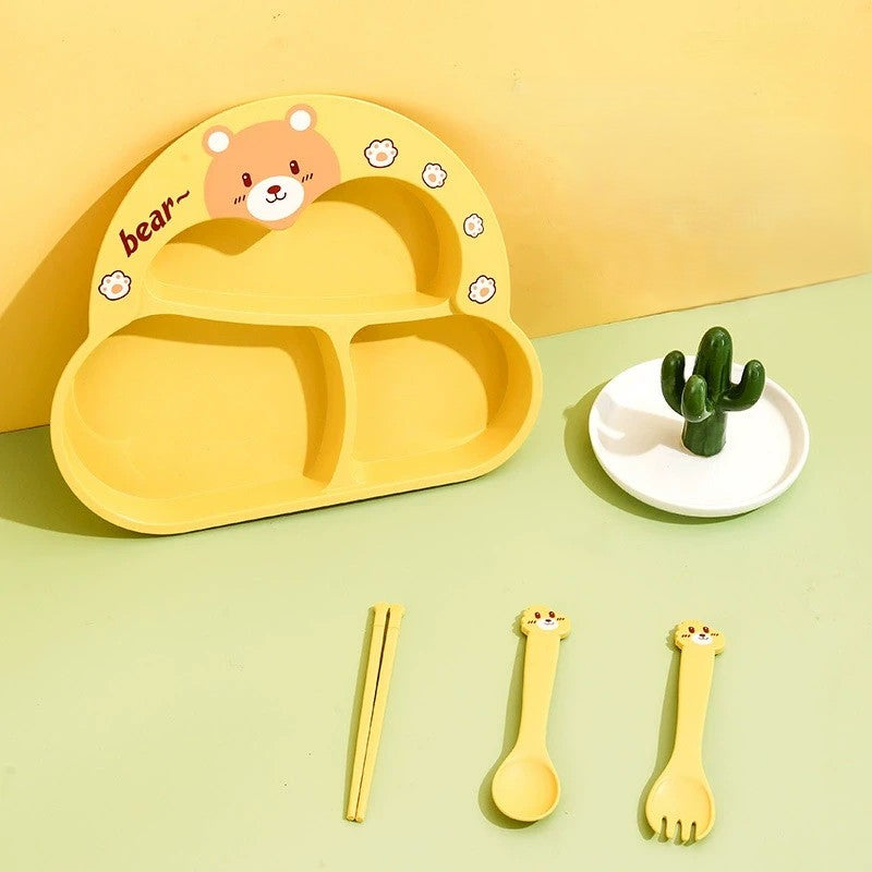 Cartoon Divided Plate Set for Kids – With Spoon, Fork & Chopsticks