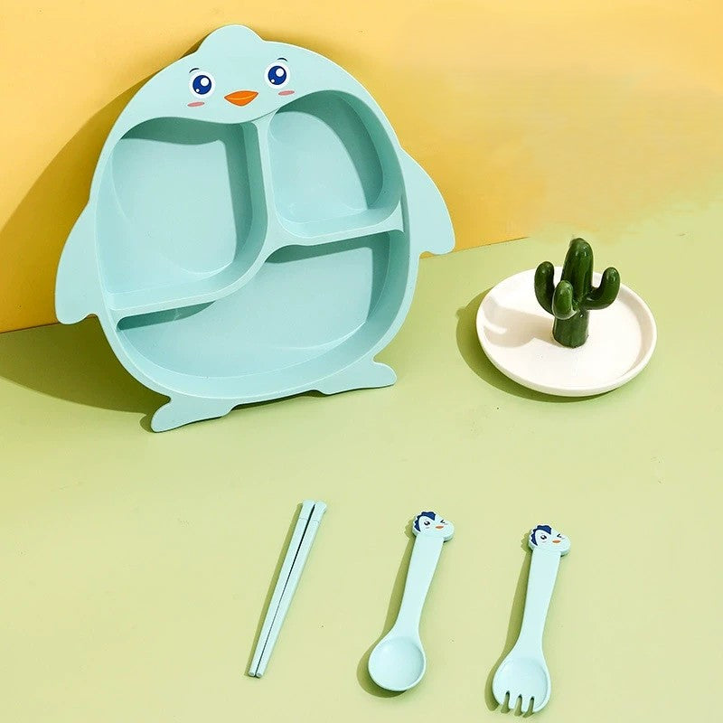 Cartoon Divided Plate Set for Kids – With Spoon, Fork & Chopsticks