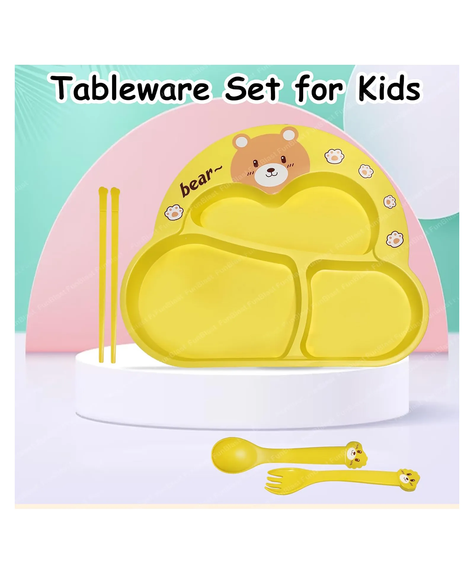 Cartoon Divided Plate Set for Kids – With Spoon, Fork & Chopsticks