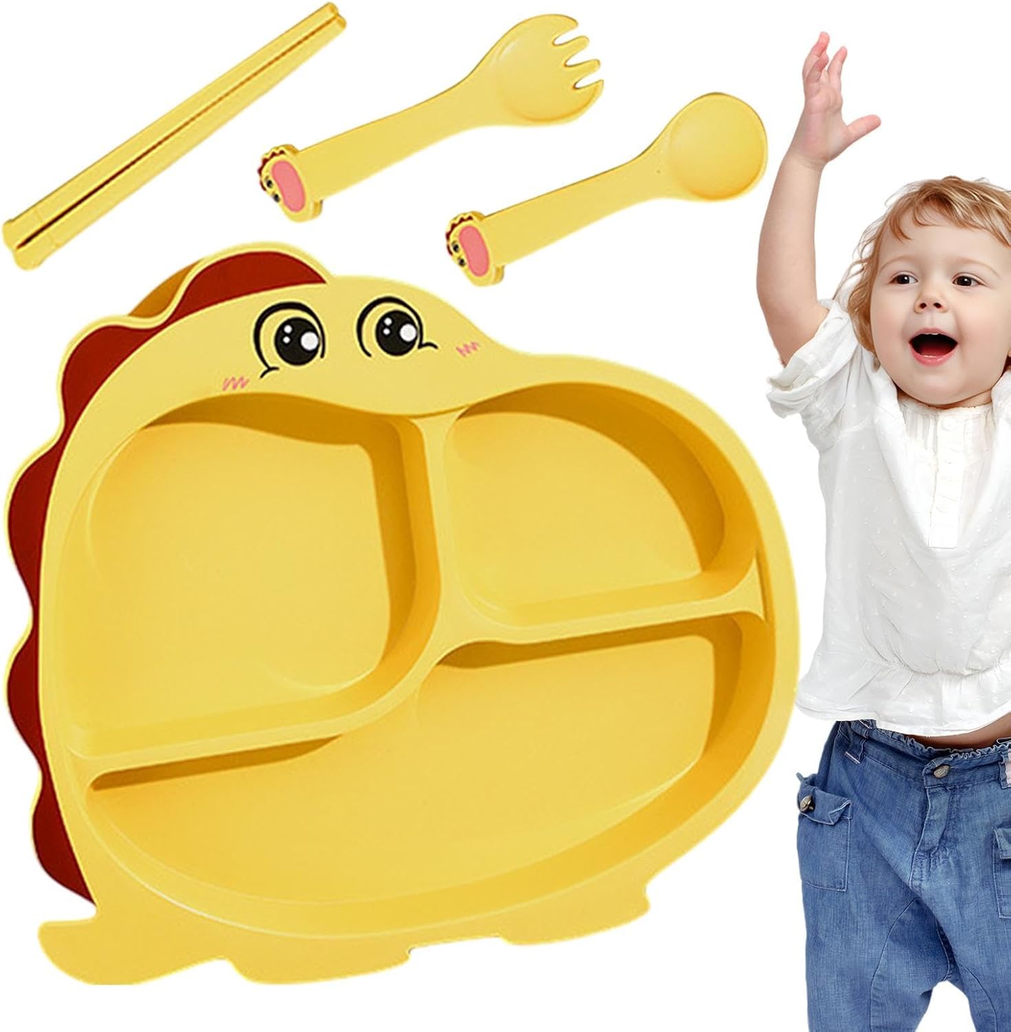 Cartoon Divided Plate Set for Kids – With Spoon, Fork & Chopsticks Dragon Yellow