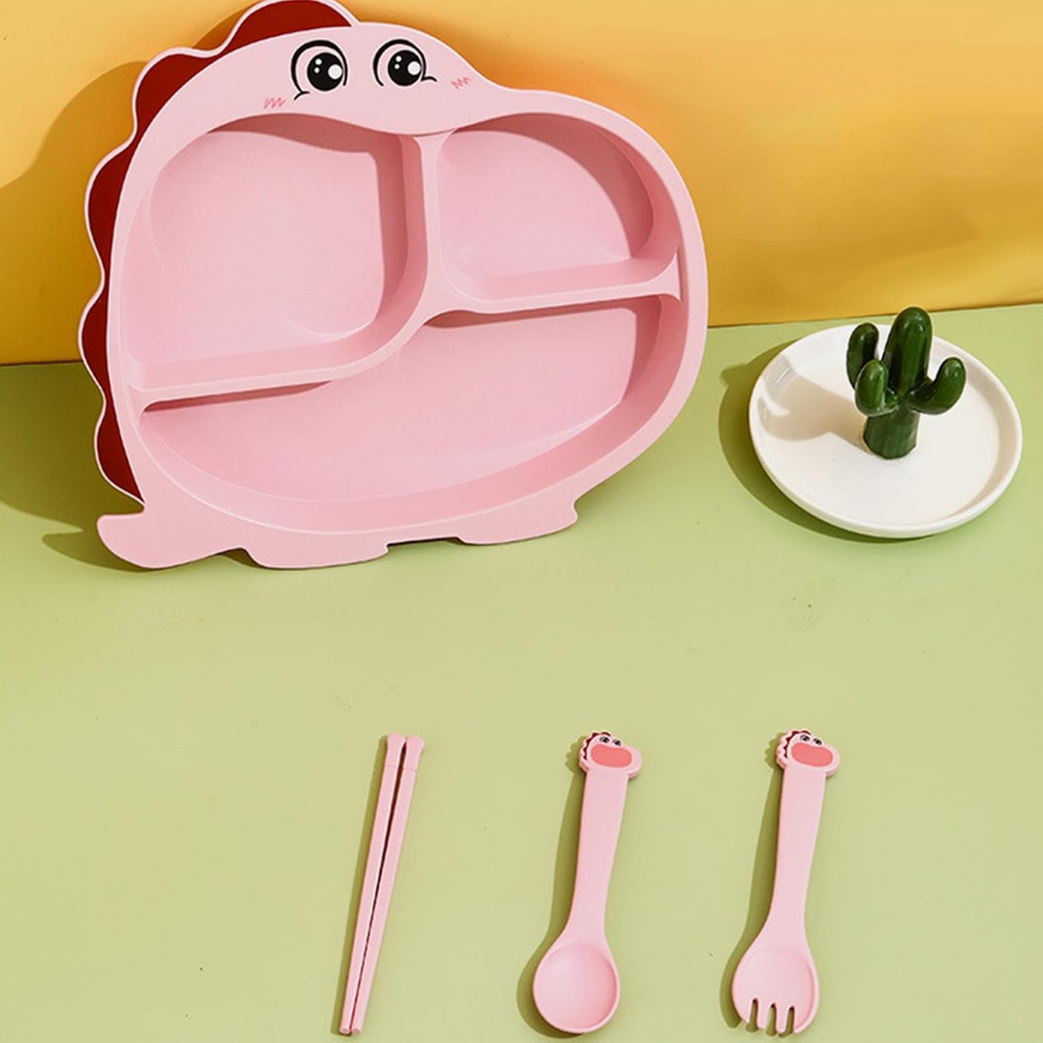 Cartoon Divided Plate Set for Kids – With Spoon, Fork & Chopsticks Dragon Pink