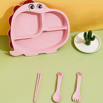 Cartoon Divided Plate Set for Kids – With Spoon, Fork & Chopsticks Dragon Pink