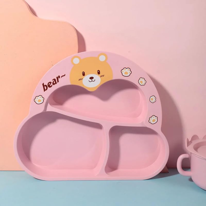 Cartoon Divided Plate Set for Kids – With Spoon, Fork & Chopsticks Bear Pink