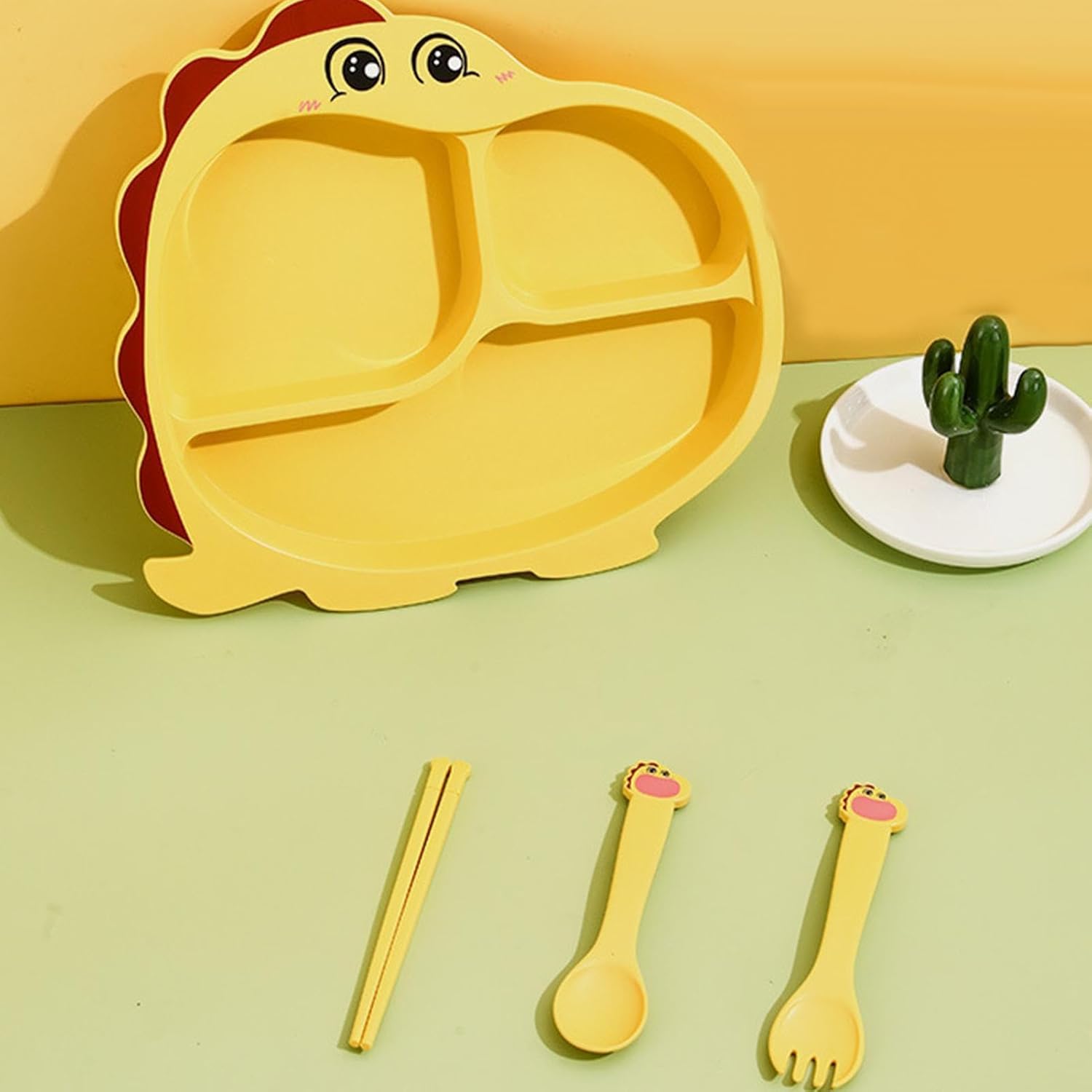 Cartoon Divided Plate Set for Kids – With Spoon, Fork & Chopsticks Dragon Yellow