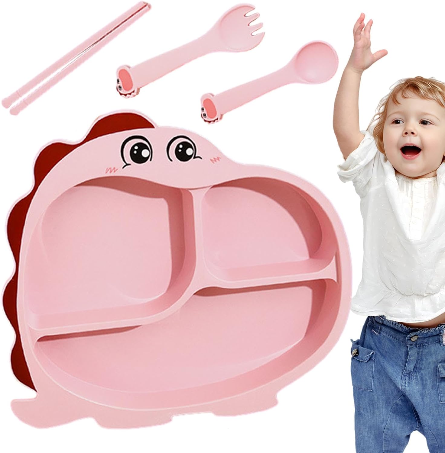 Cartoon Divided Plate Set for Kids – With Spoon, Fork & Chopsticks