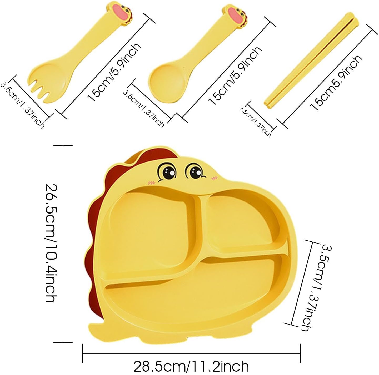 Cartoon Divided Plate Set for Kids – With Spoon, Fork & Chopsticks Dragon Yellow