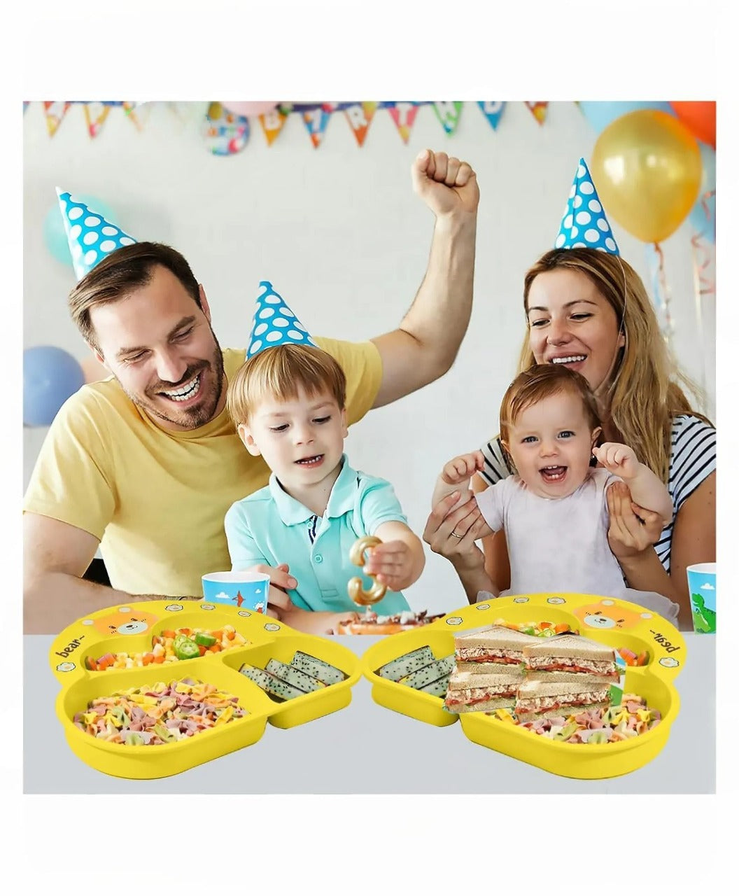 Cartoon Divided Plate Set for Kids – With Spoon, Fork & Chopsticks Bear Yellow