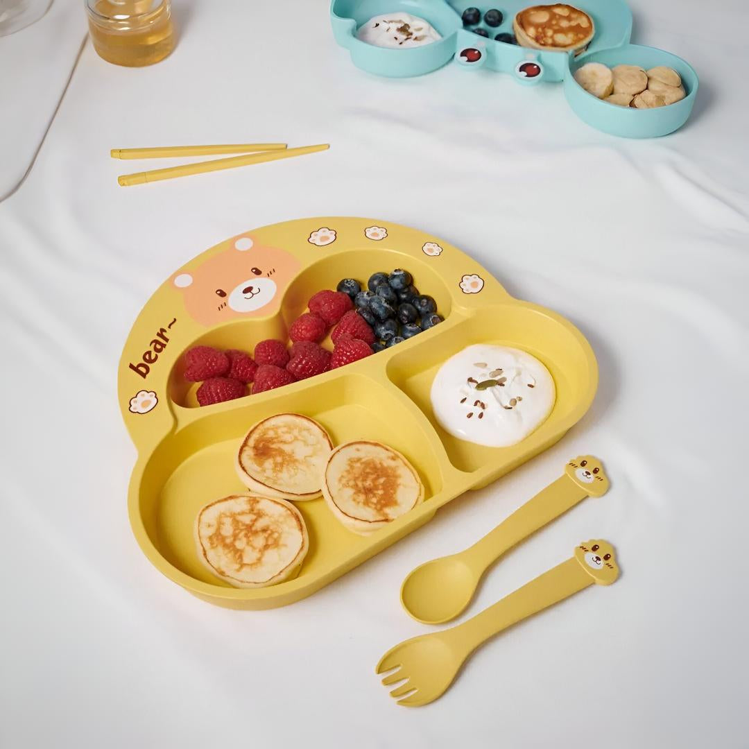 Cartoon Divided Plate Set for Kids – With Spoon, Fork & Chopsticks Bear Yellow