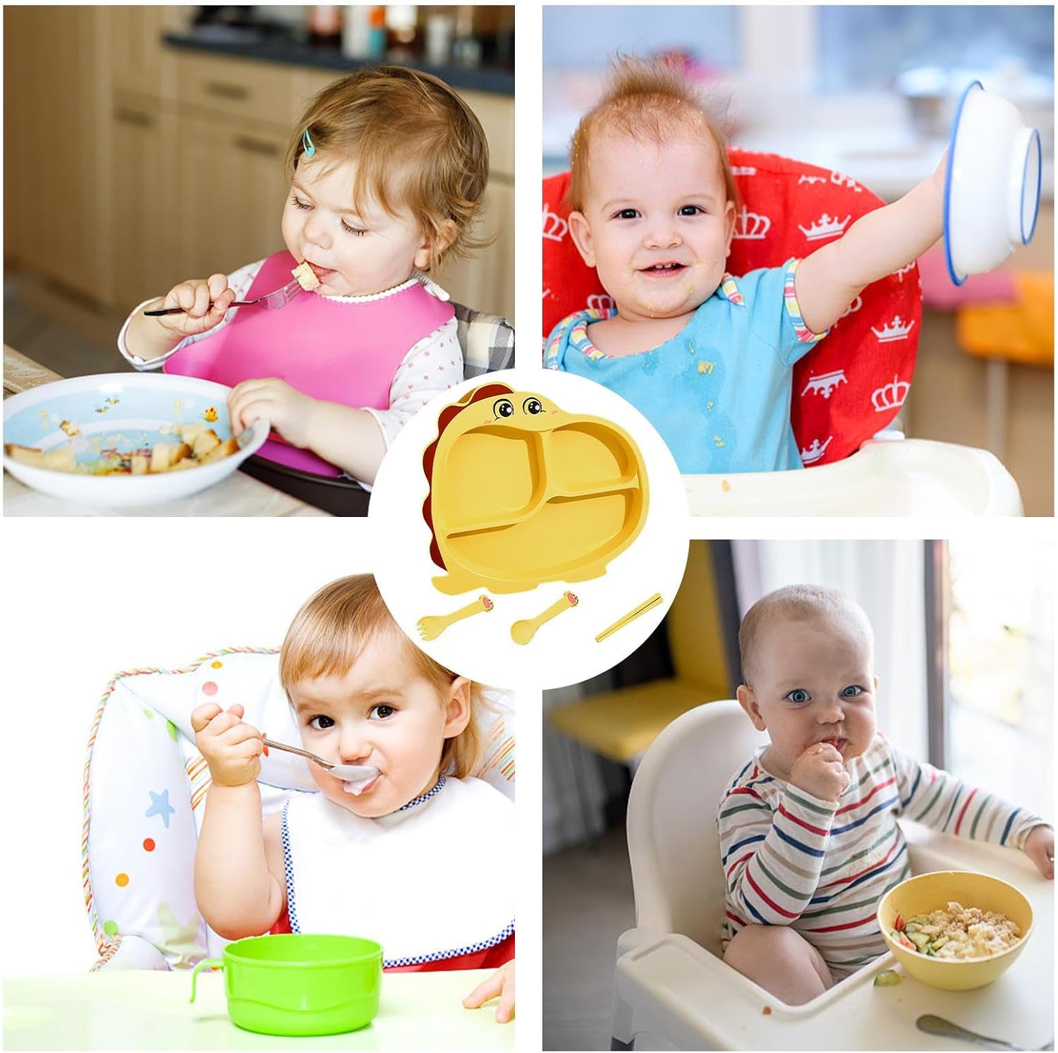 Cartoon Divided Plate Set for Kids – With Spoon, Fork & Chopsticks Dragon Yellow