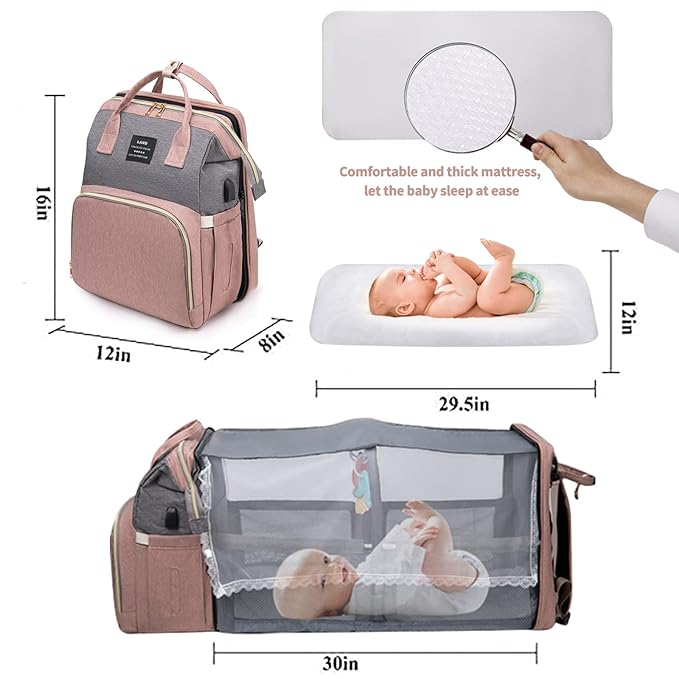 Large Capacity Diaper Backpack with Foldable Baby Crib