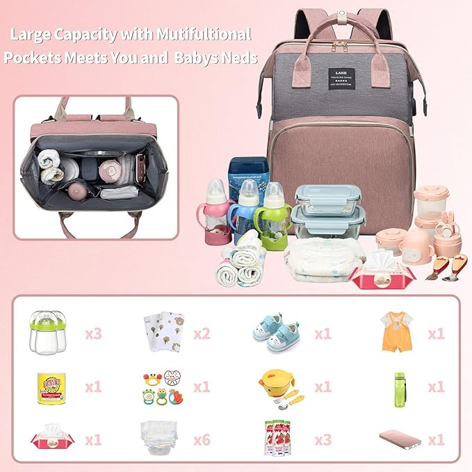 Large Capacity Diaper Backpack with Foldable Baby Crib
