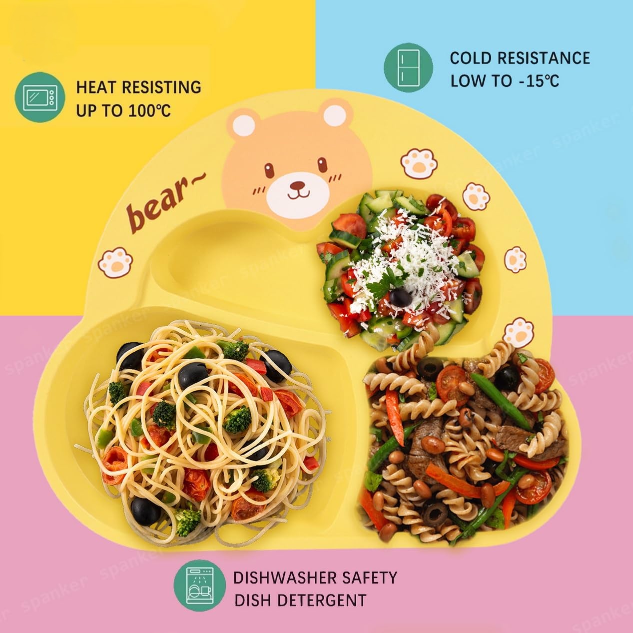 Cartoon Divided Plate Set for Kids – With Spoon, Fork & Chopsticks Bear Yellow
