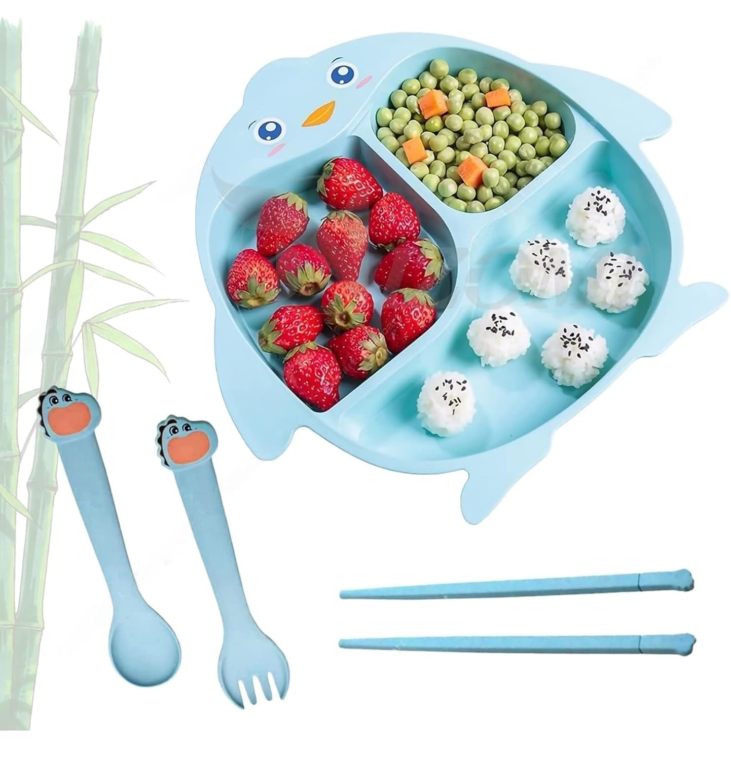 Cartoon Divided Plate Set for Kids – With Spoon, Fork & Chopsticks Penguin Blue