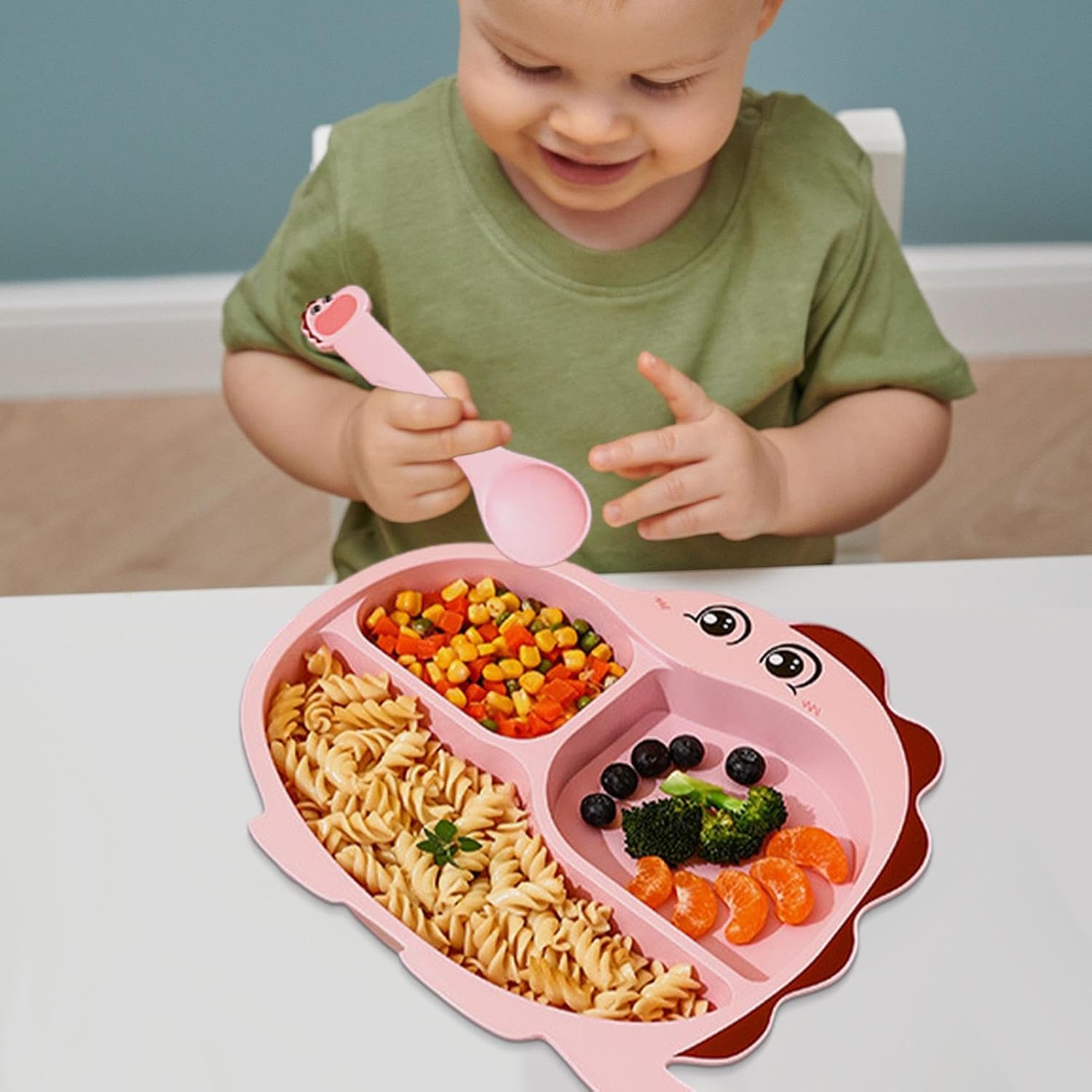 Cartoon Divided Plate Set for Kids – With Spoon, Fork & Chopsticks Dragon Pink