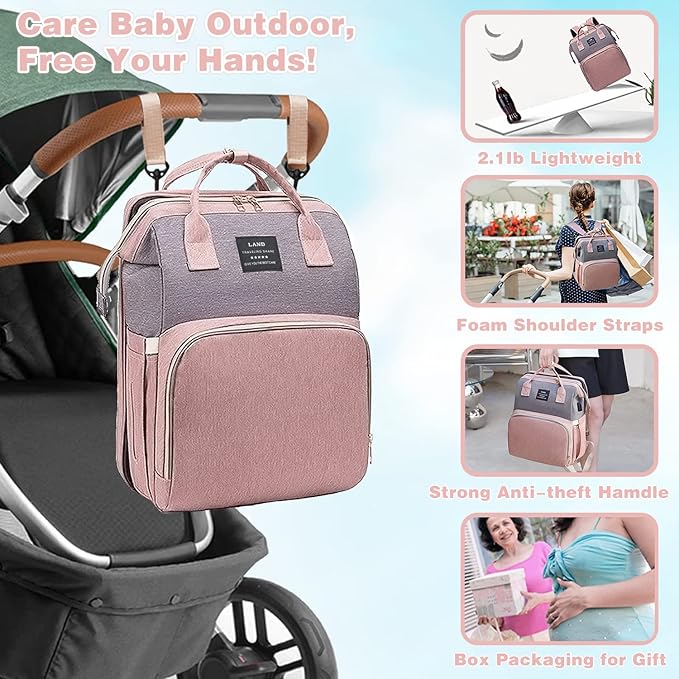 Large Capacity Diaper Backpack with Foldable Baby Crib