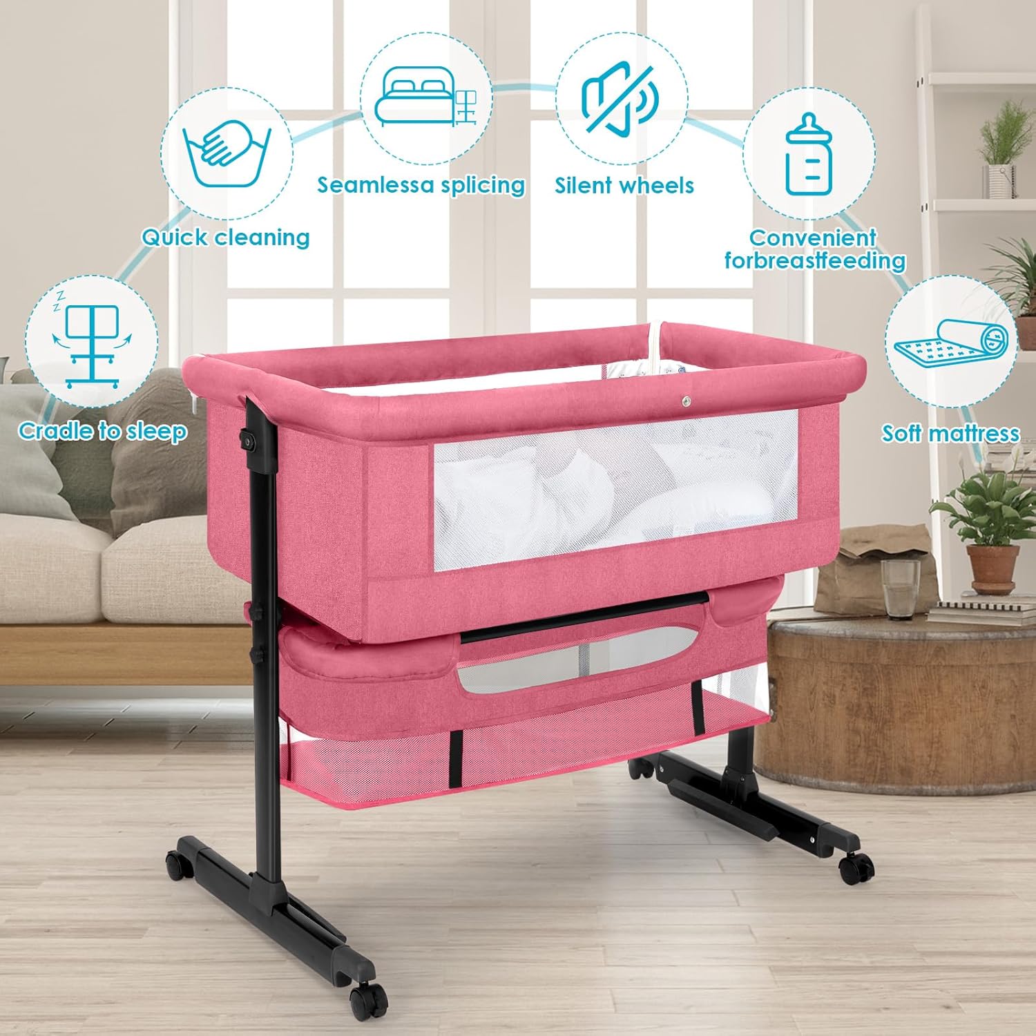 Portable & Foldable Baby Crib Bed – Multifunctional Movable Cradle Bed for Newborns Pink