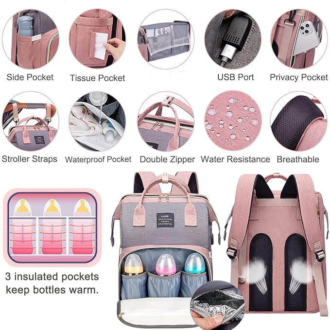Large Capacity Diaper Backpack with Foldable Baby Crib
