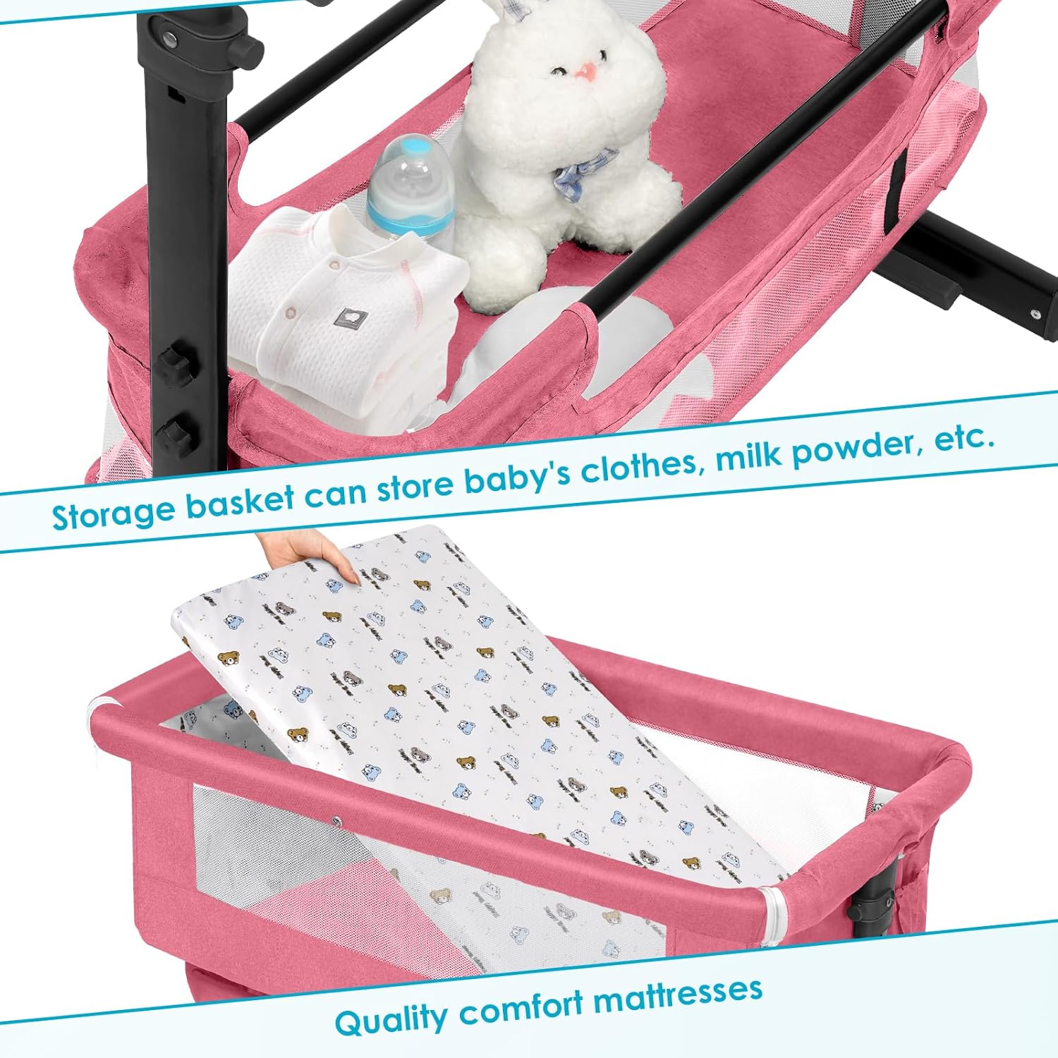 Portable & Foldable Baby Crib Bed – Multifunctional Movable Cradle Bed for Newborns Pink