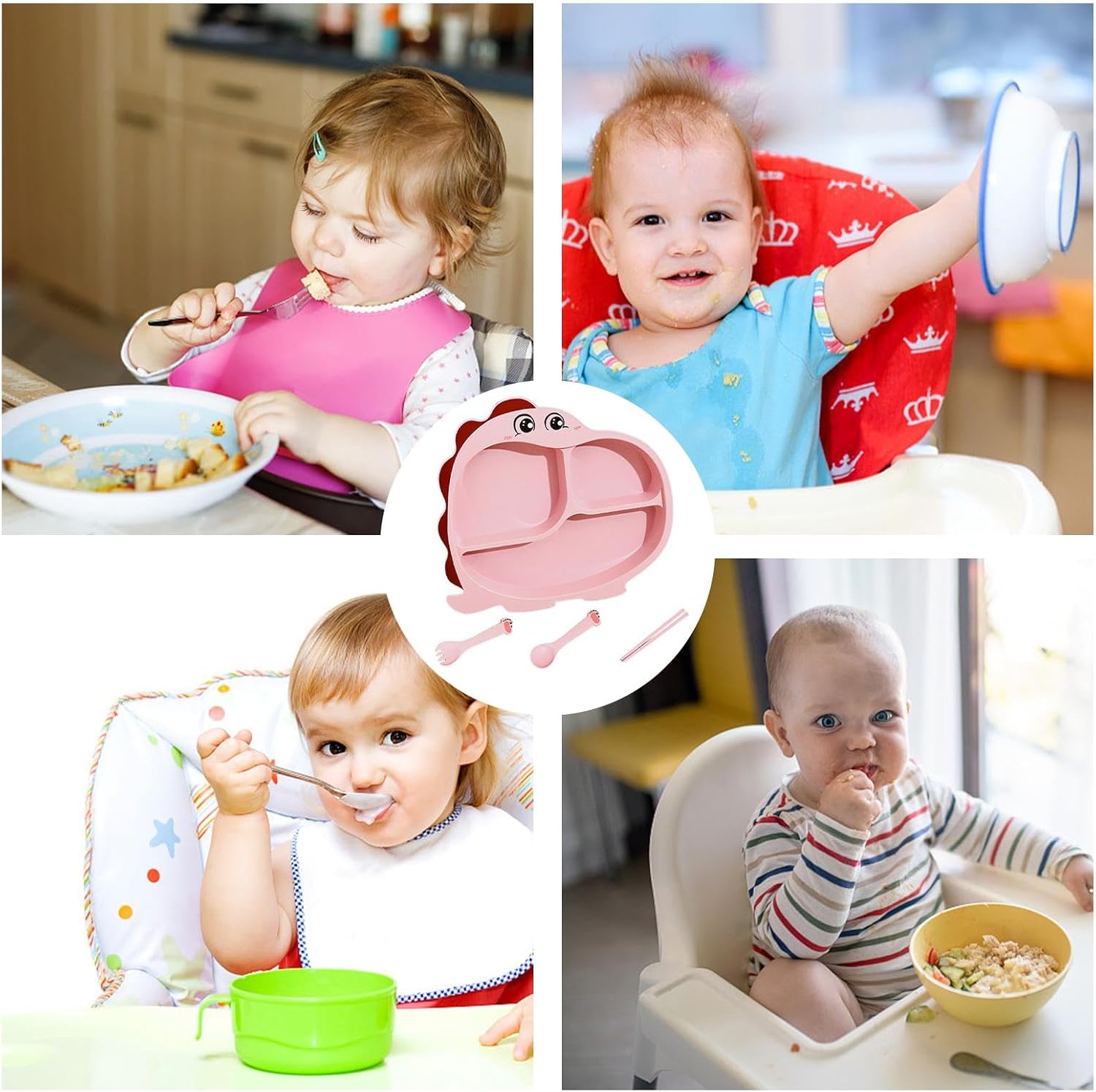 Cartoon Divided Plate Set for Kids – With Spoon, Fork & Chopsticks Dragon Pink