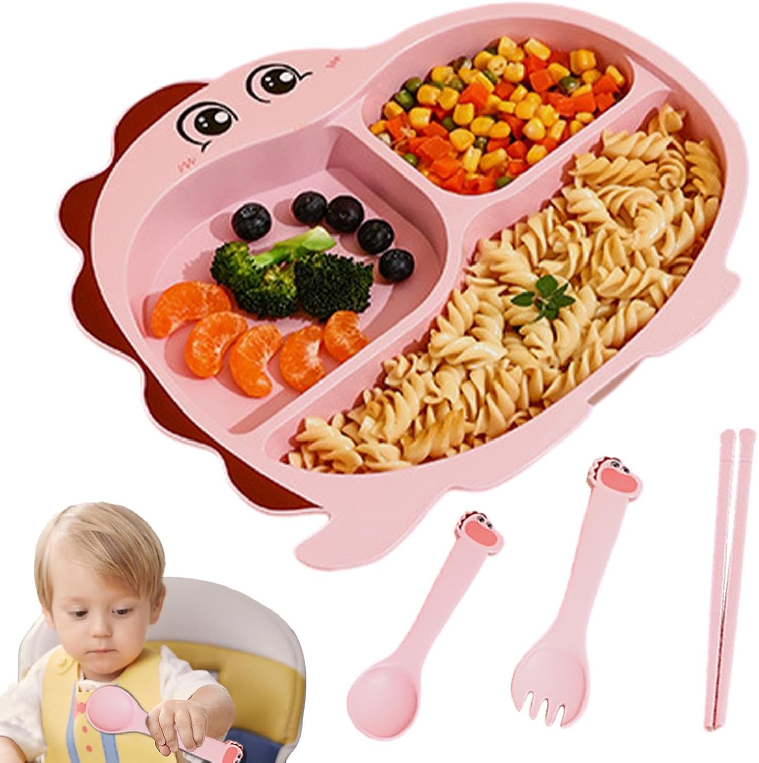 Cartoon Divided Plate Set for Kids – With Spoon, Fork & Chopsticks