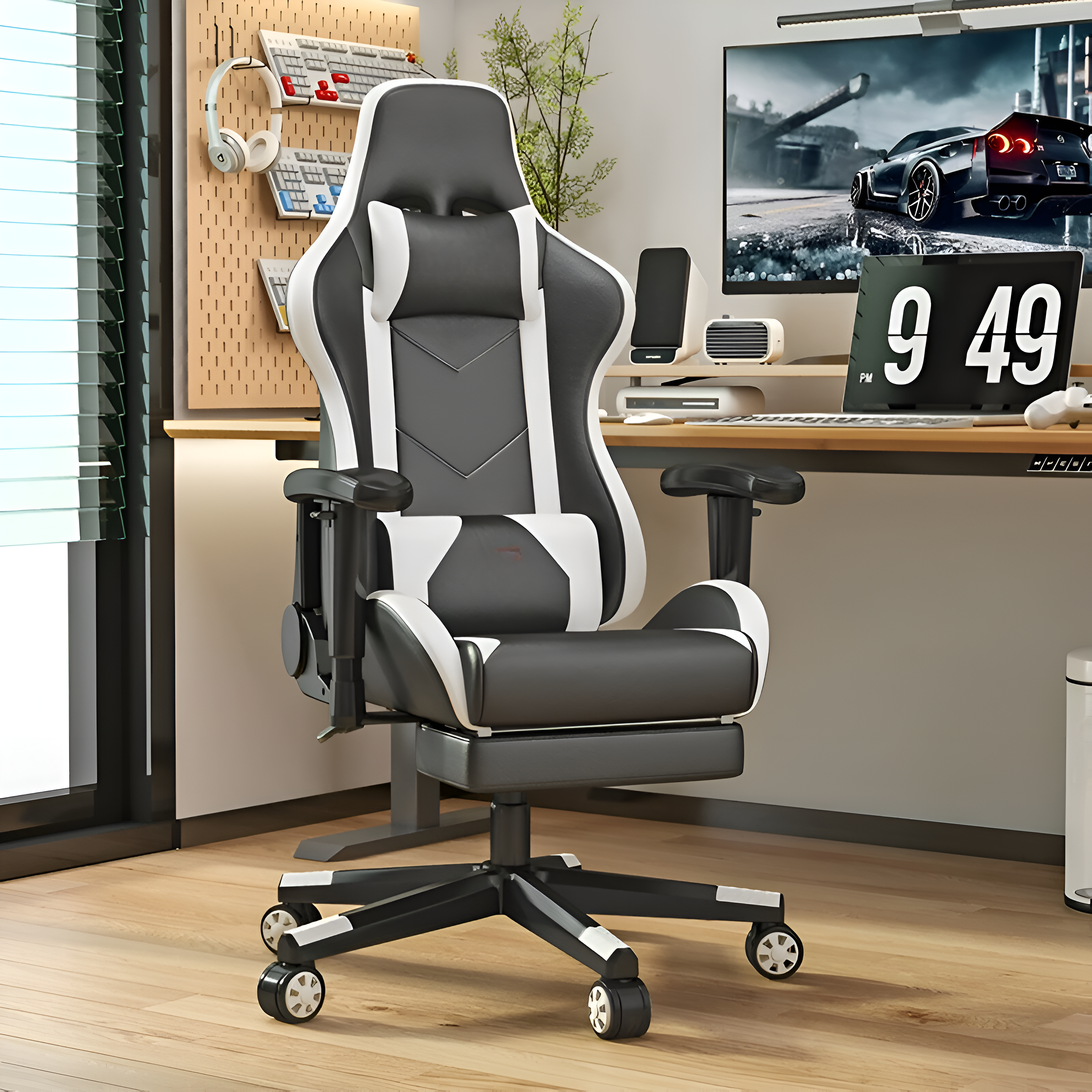 Gaming Chair with Adjustable Armrests & Lumbar Support (Black/Grey)