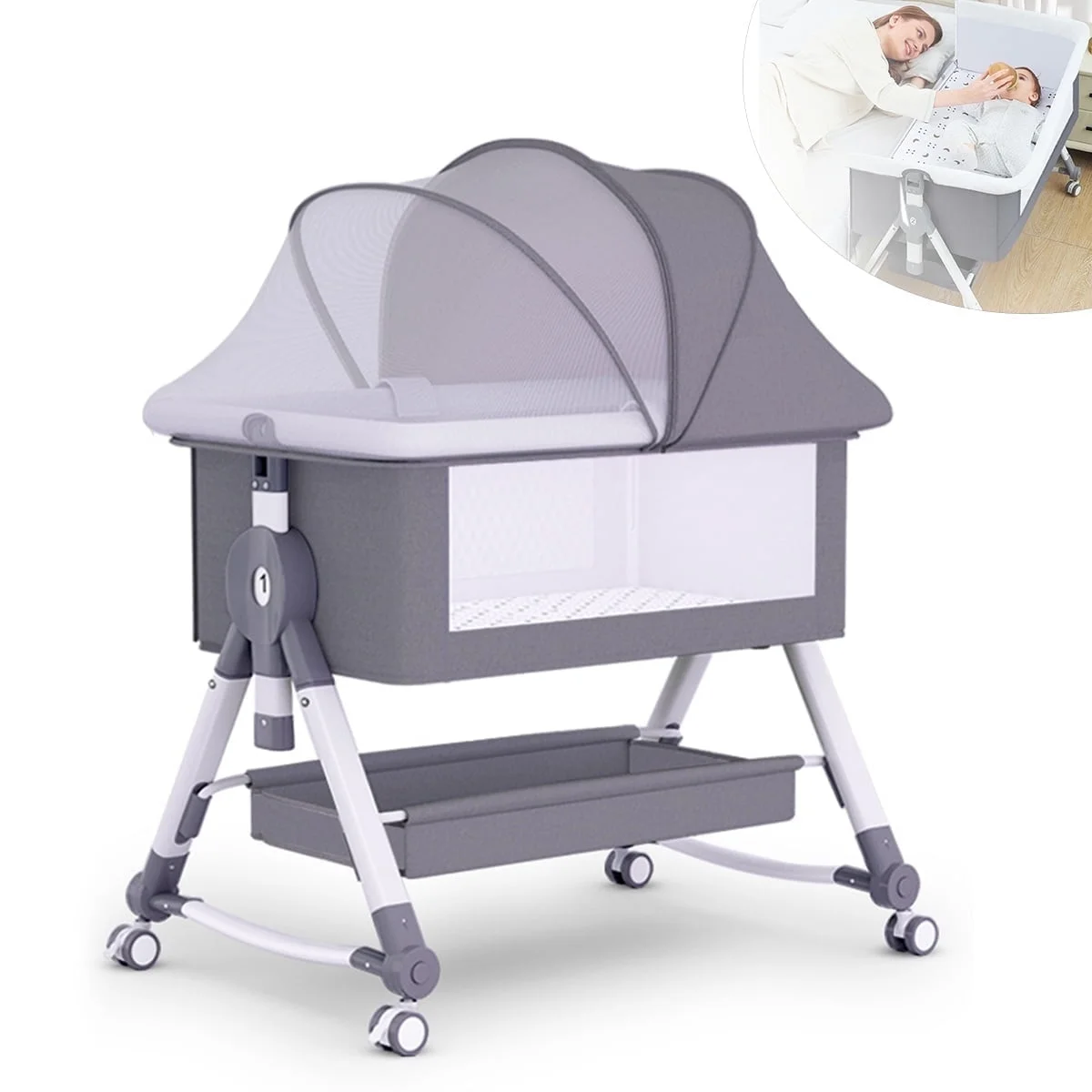 Portable & Foldable Baby Crib Bed – Multifunctional Movable Cradle Bed for Newborns Grey